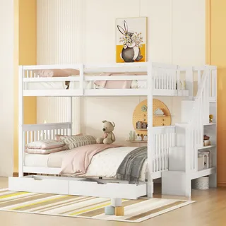 Etagenbett 140 × 200 cm mit Treppenregal, 2 Schubladen und hohen Geländern, Kiefernholz & MDF, EN747-1, Weiß - Weiß