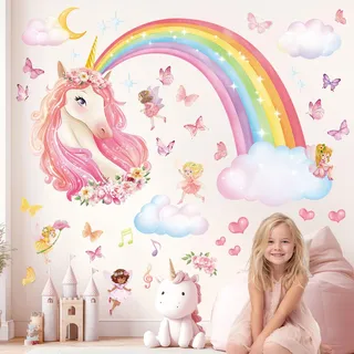 DECOWALL SG2-2321 Regenbogen und Einhorn Wandtattoo Wolken Schmetterlinge Kinder Mädchen zimmer Kinderzimmer Babyzimmer Wanddeko bunt Wohnkultur