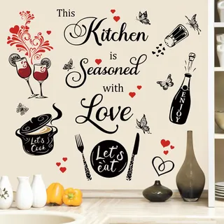 wondever Wandtattoo Küche Sprüche Schwarz Wandaufkleber This Kitchen is Seasoned with Love Zitate Wandsticker Wanddeko für Küche Esszimmer Restaurant