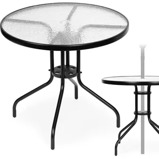 Runder Gartentisch 80 cm, für Terrasse, Garten, Balkon, gehärtetes Glas, Schirmloch, MultiGarden - Schwarz