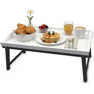 Relaxdays Betttablett, Bambus, HxBxT: 20 x 50 x 30 cm, Serviertablett mit Füßen, Griffe, Frühstück im Bett, weiß/grau