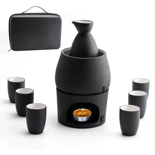 Sake Set Tassen mit Wärmer - Aufbewahrungsbox für Sake, traditionelles Porzellan, japanisches Keramik-Heißgetränk, 9 Stück inklusive Herd, Wärmeschale, Sake-Flasche für 6 Tassen