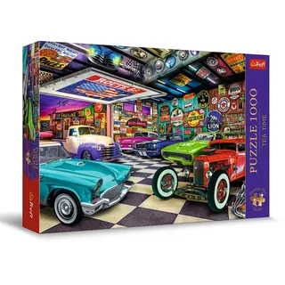 Trefl Premium Plus Quality - Puzzle Tea Time: Autosammlergarage - 1000 Elemente, Serie Gemalter Nostalgischer Bilder, Ideale Anpassung der Teile, für Erwachsene und Kinder ab 12 Jahren