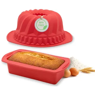 ZOLLNER24 2er Set Antihaft Silikon Backformen in rot - Gugelhupf -und Kastenform - extrem hitze- und kältebeständig - spühlmaschinengeeignet - platzsparend verstaubar