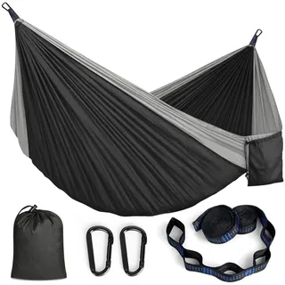 Camping Hängematte Outdoor Ultraleichte Fallschirm Hängematte mit Karabinern und Baumgurten für Garten Wandern Draußen, 295x140cm, 350kg Tragkraft, Schwarz und Grau