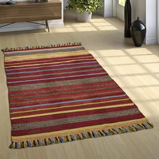 Paco Home Teppich »Kilim 213« rechteckig 12 mm Höhe handgewebter Wendeteppich, reine Baumwolle, gestreift, Wohnzimmer, orange