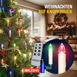 DEUBA® LED Weihnachtsbaumkerzen Kabellos 30er Set Bunt mit Batterie Timer Christbaumkerzen Tannenbaumkerzen Lichterkette Weihnachtsbaum Beleuchtung - Rot