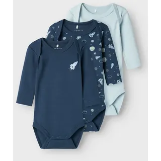 Langarmbody NAME IT "NBMBODY 3P LS DARK SPACE NOOS", Jungen, Gr. 50, N-Gr, blau (schwarz denim), Jersey, Obermaterial: 100% Baumwolle, bedruckt, regular fit, Bodys Langarmbody