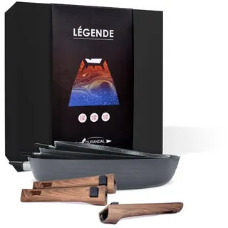 Durandal - Set mit 3 antihaftbeschichteten Pfannen, Legende mit abnehmbaren Griffen, 20,24,28 cm, Kochgeschirr, geeignet für Backofen, Induktion