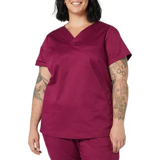 Amazon Essentials Damen Klassisch geschnittenes Scrub-Top mit V-Ausschnitt und kurzen Ärmeln (erhältlich in Übergrößen), Pflaume, M