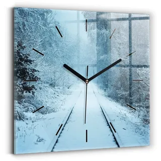 Wallfluent Wanduhr – Stilles Quarzuhrwerk - Uhr Dekoration Wohnzimmer Schlafzimmer Küche - Zifferblatt mit Striche - schwarze Zeiger - 30x30 cm - Hirsche auf den Gleisen - Weiß