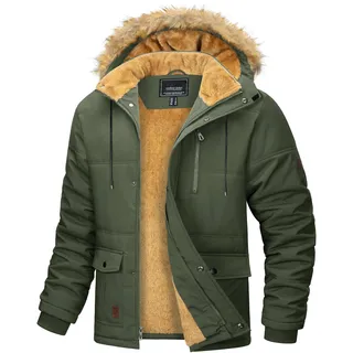 MAGCOMSEN Herren Wintermantel Parka Warme Outdoorjacke Fleece Winddicht Kapuzenjacke Herren Gefüttert Arbeitsjacke Verdickt Übergangsjacke Wandern Trekkingjacke mit Multi Taschen Armeegrün M