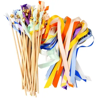Wedding Party Ribbon Wands mit Glocke, Band Zauberstäbe Hochzeit Luftschlangen, Ribbon Fairy Stick, Wedding Wands für Hochzeit Geburtstag Feier Baby Party (Gemischte Farbbänder)
