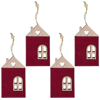 MIJOMA 4 Stück Set Weihnachtliche Filzanhänger, Wunderschön als Christbaumschmuck, für Adventsgesteck, Filz mit Holzelementen & Glitzer verziert, Schlaufe zum Anhängen (Haus 1 Fenster - rot)