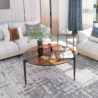 WISFOR Couchtisch mit Eisengestell Ø80 rund Glastisch, Sofatisch aus robustes Hartglas, Wohnzimmertisch dekorativ, Sinn für Design, Braun - Braun