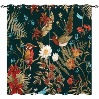 YUANZU Vogel Vorhänge Wald Dschungel Tropischer Ösen Gardinen mit Blickdichte Thermo Vorhang Kälteschutz Blackout Curtain Wohnzimmer Schlafzimmer Verdunkelung Fenster, 2 Stück, H 213 x B 132 cm