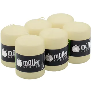 Müller Stumpenkerzen - Set mit 6 Säulenkerzen - Elfenbein - 57 x 81 mm - Brenndauer: 15 Stunden - Tropffrei Wachskerzen, Ohne Duft - RAL
