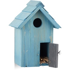Relaxdays Nistkasten, Vogelhäuschen, Holz, Tür, aufhängen, kleines Flugloch, Singvögel, HBT: 24,3 x 17 x 12 cm, hellblau