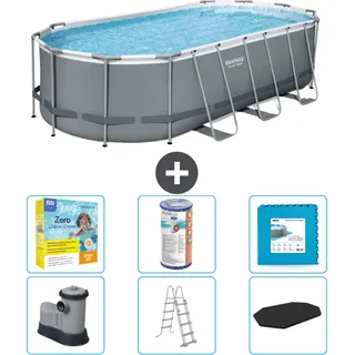 Bestway Oval Power Steel Swimmingpool – 549 x 274 x 122 – Grau – inklusive Pumpe – Leiter – Abdeckung Wartungspaket - Filter - Bodenfliesen