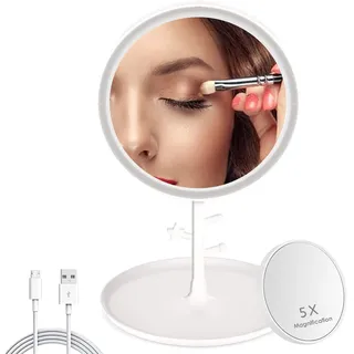 GVEFIVME Kosmetikspiegel mit LED Licht, Schminkspiegel Beleuchtet für Schminken Rasieren und Tragen der Kontaktlinsen, 3 Lichtfarben und Dimmbare Helligkeit, Verstellbarer Standspiegel (White)