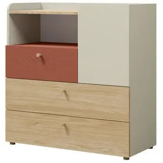 Deine Möbel 24 Kinderkommode Yogi 10 90/93 cm in Graubeige / Geölte Eiche / Koralle , Greige, Eichefarben, Koralle , Holzwerkstoff , 90x93x40 cm , Babymöbel & Kindermöbel, Babyzimmer, Babyregale & Kinderregale