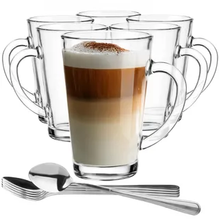 Glasmark KROSNO 1992 Kaffeegläser Mit Henkel Und Löffel 6 Stück 300 ml Kaffeetassen Teegläser Cappuccino Latte Eistee Transparentes Glas