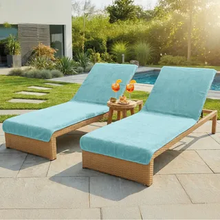 LAYNENBURG 2er-Set Premium Schonbezug für Gartenliege - 100% Baumwolle - Oeko-TEX 100 - Frottee Handtuch-Bezug Sonnenliege - Liegenbezug mit Umschlag für Standliege, Liege-Stuhl (75x200 cm Türkis)