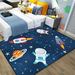 Judy1980 Kinderteppich Universe Planet Astronaut Wohnzimmerteppich rutschfest Blau Schwarz Teppich Jungen und Mädchen Spielteppich Teppich Waschbar (B, 80 x 160 cm)