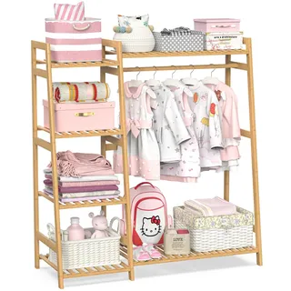 BAMBOOHOMIE Kinder Kleiderständer mit Regalen, Bambus Kleiderständer für Kinder, Baby,Kleideraufbewahrung mit oberem Regal,Kleiderschrank für das Kinderzimmer (Mittlere Größe)
