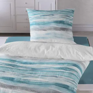 Traumschlaf Seersucker Bettwäsche Set •Bügelfrei• Erfrischendes Wellendesign luftig leichte Bettwäsche Sommer in türkis grau mit Reißverschluss • 200x200 cm + 2X 80x80 cm