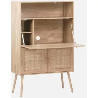 sweeek - Schreibschrank / Sekretär, 2 Türen und Regale, Holzdekor und Rattan-Geflecht - Natur
