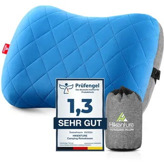 HIKENTURE Aufblasbares Camping/Reise Kissen mit Abziehbarem Kissenbezug, Ergonomisches Kopfkissen, Komfortables Nackenkissen für Outdoor, Inflatable Travel Neck Pillow, Blau, One Size