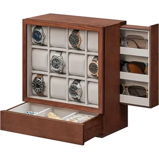 Songmics Uhrenbox für 12 Uhren mit Fenster Massivholzfurnier KaffeeBraun