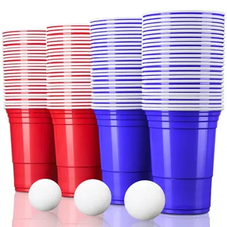 TRESKO 100 Beer Pong Becher + 12 Bälle wiederverwendbar | Partybecher 473ml - 16oz | Bierpong, Red Cups extra stark | Plastikbecher Rot & Blau