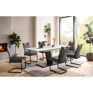 OTTO home "Altona", Esstisch ausziehbar plus 6 Stühle", weiß, anthrazit, anthrazit, schwarz, Microfaser, Synchron-Auszug, Sitzmöbel-Sets, Essgruppe, Säulentisch 140-180x90 cm, Stuhl mit Federkorb, 140 kg belastbar,
