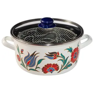 Serenk Emaille-Frittiertopf, 22 cm, 4 L, mit Glasdeckel und Frittierkorb | induktionsgeeignet, dekoriert, dunkelblauem Kunststoffknauf, , für alle Herdarten
