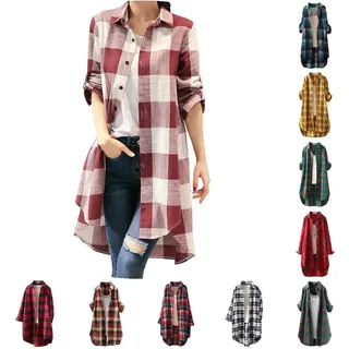 Karohemd Leinenhemd Damen Musselin Bluse Longbluse Mit Stehkragen Kariertes Hemd Hemdbluse Karierte Elegant Lang Für Leggings