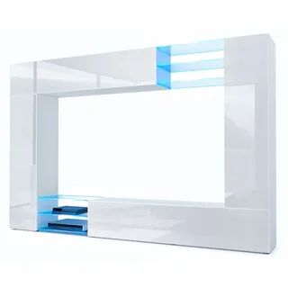 Vladon Wohnwand Mirage, (Anbauwand mit Rückwand mit 2 Türen, 2 Klappen und 6 offenen Glasablagen), Weiß matt/Weiß Hochglanz, inkl. LED-Beleuchtung (262 x 183 x 39 cm) weiß