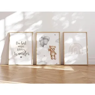 MeinBaby123 Bilder Kinderzimmer, 3er Set DIN a$ Poster Set, Wandbilder mit Spruch, Regenbigen Deko Kinderzimmer Mädchen und Jungen, Babyzimmer Deko (Bär & Regenbogen)