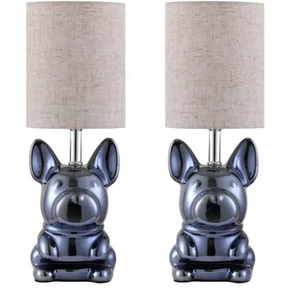 EOEYYOYB Niedliche Nachttischlampe für Kinderzimmer, Keramik-Welpen-Tischlampe mit, Leinenstoffschirm, Bulldog-Nachttischlampe für Wohnzimmer und Schlafzimmer,Marineblau