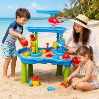 3-Stufiger Sand- und Wasser-Spieltisch für Kleinkinder, Wasserspieltisch Outdoor mit Regen-Effekt & Windmühle, inkl. 2 Stühle & Strandspielzeug, Sensorik Spieltisch für Kinder ab 3 4 5 6 Jahre