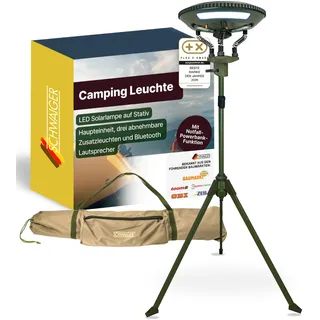 SCHWAIGER LED Campingleuchte mit Stativ & Bluetooth Lautsprecher I Solar Campinglampe mit 3 Zusatzleuchten I solarbetriebene Standleuchte mit Powerbank-Funktion I multifunktionale Outdoor Lampe