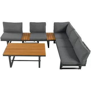 Okwish Lounge-Set 186/64/76 cm grau aus Eisen mit Akazienholz, verstellbar , Grau , Metall , Gartenmöbel, Gartengarnituren, Gartenmöbel-Sets