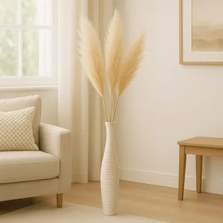 Leewadee Große Deko Bodenvase Für Dekozweige, Hohe Standvase Für Pampasgras, Design Holzvase, 65 cm, Weiß