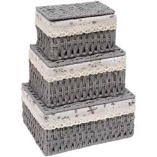 Hocadrv 3 Stück Aufbewahrungskorb Aufbewahrungsbox mit Deckel Körbchen Geflochten mit Futter Aufbewahrungsbox Bad Badorganizer Rattan Korb für Spielzeug Küchen Schlafzimmer(Grau)