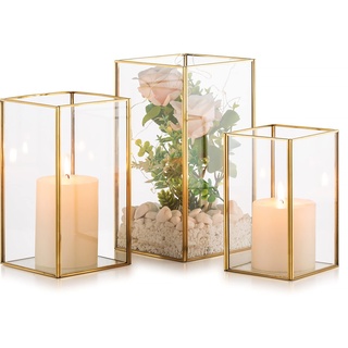 NUPTIO Windlicht Glas Laterne Deko: Gold Kerzenständer Metall Set von 3 Groß Kerzenhalter Hochzeit Tischdeko Stumpenkerzen Dekorative Laternen Set Draußen Weihnachten Wohnzimmer Tischplatte