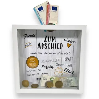 BUSDUGA 4194 Sparkasse „Zum Abschied“ Bilderrahmen 20x20x5cm, Spardose Abschiedsgeschenk (Weiß)