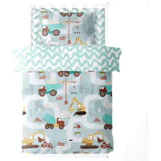 Freyamy Bagger Bettwäsche 135x200 Jungen,Cartoon LKW Kinderbettwäsche-Sets,Traktor Blau Wende Bettwäsche 2tlg,Gewaschene Mikrofaser mit Reißverschluss 1 Bettbezug + 1 Kissenbezüge 80x80cm