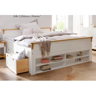 otto home home »Tessin, Stauraumbett, Landhausstil, Schubladen optional, rustikal«, Breite/Belastbarkeit 180cm/220 KG, 140cm/180 KG, zertifizierte Kiefer, Kassetten-Optik, stabile Qualität, weiß