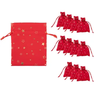 Idena 90422 - Stoffbeutel ca. 13 x 18 cm, 12 Stück, rote Säckchen mit Sternen-Motiv, Weihnachtssack mit Kordel, Geschenkbeutel für Weihnachten